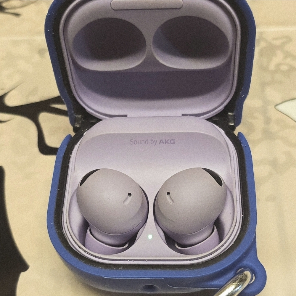 Purple Wireless Earbuds with Blue Case